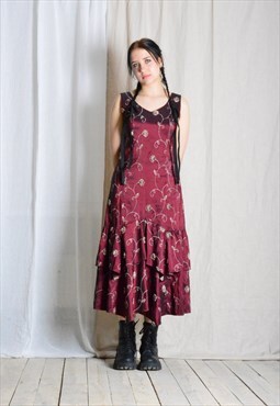 Vintage 90s Burgundy Embroidered Flower Tiered Ruffle Dress
