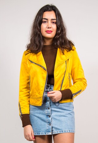 90'S VINTAGE YELLOW SATIN STYLE ZIP CROPPED BIKER JACKET