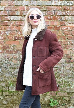 Vintage Leather Coat 70s Red/Brown Sheepskin/Shearling 