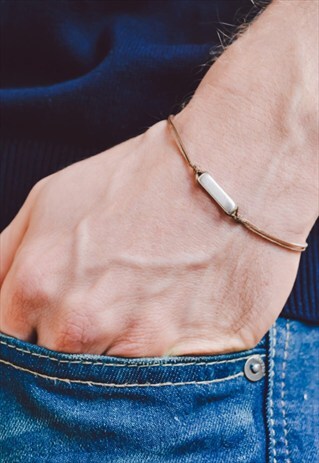 MENS BRACELET SILVER RECTANGLE BEAD BROWN CORD MINIMALIST