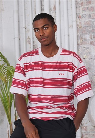 VINTAGE FILA TEXT LOGO STRIPED T-SHIRT WHITE RED