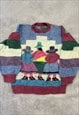 VINTAGE KNITTED JUMPER PEOPLE PATTERNED CHUNKY SWEATER