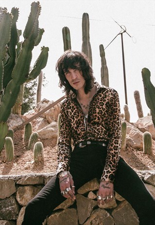 MENS BLACK LEOPARD VELVET ROCK N ROLL SHIRT