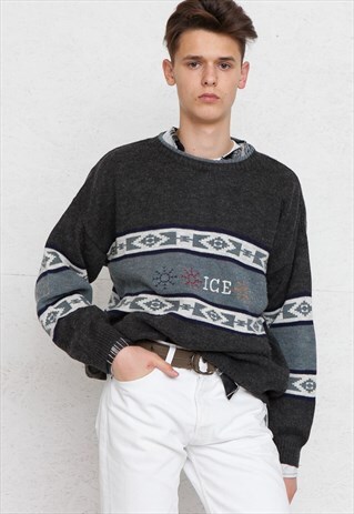 VINTAGE GREY ROUND NECK KNIT WOOL JUMPER SWEATER