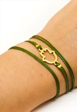 Gold Hamsa charm wrapped bracelet green cord gift for her