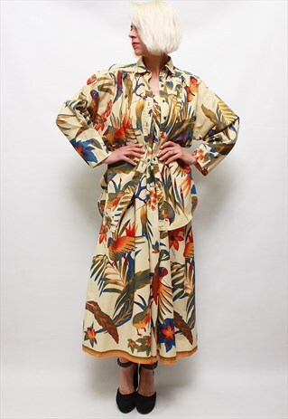 VINTAGE 70'S AMAZING COOL BEIGE PAROTS SET- DRESS AND SHIRT