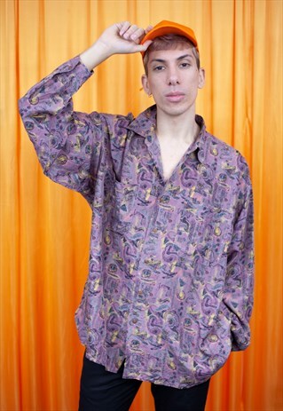 VINTAGE 80S SHIRT PURPLE YELLOW BLACK GEOMETRIC LONG SLEEVED