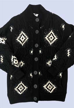 Black White Knitwear Cardigan Womens Large Button Up