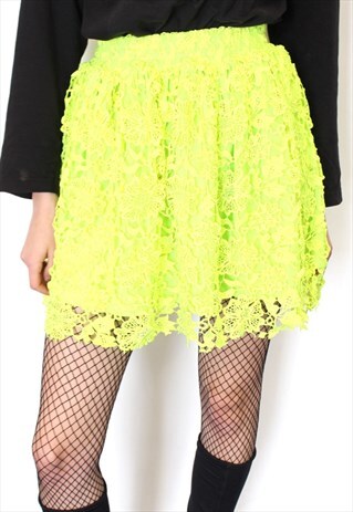 ILLUMINOUS 90'S HIPSTER GRUNGE YELLOW SKATER SKIRT LACE MINI