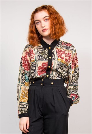 90'S VINTAGE CRAZY PATTERNED FESTIVAL SHIRT BLOUSE