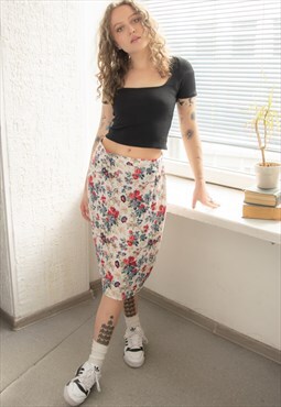 Vintage 80's Floral Print Midi Skirt