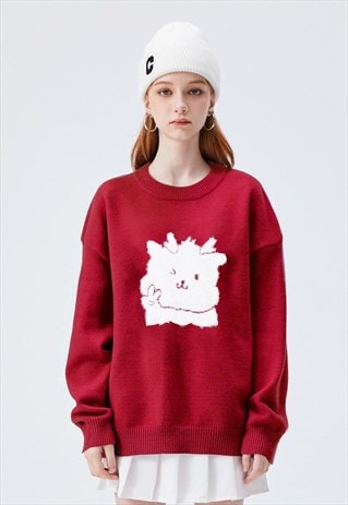 DEER SWEATER FLUFFY JUMPER SOFT KNITTED PULLOVER IN RED 