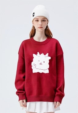 Deer sweater fluffy jumper soft knitted pullover in red 