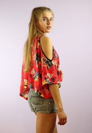 RED FLOWER OVERSIZED COLD SHOULDER TOP