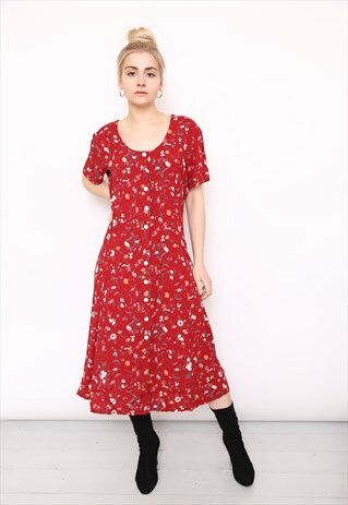VINTAGE 90S RED FLORAL PRINT MIDI DRESS