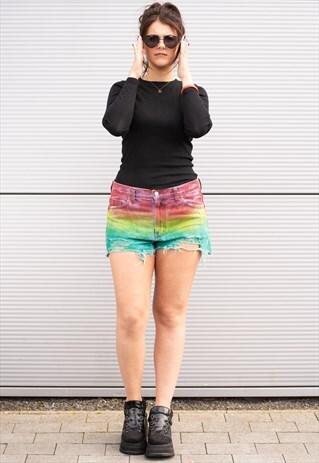 90'S VINTAGE DENIM RAINBOW DAISY DUKE SHORTS-FESTIVAL/PRIDE