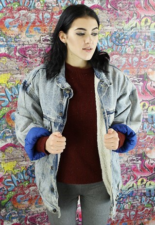 VINTAGE 80S LIGHT BLUE SHERPA LINED DENIM JACKET. UNISEX.