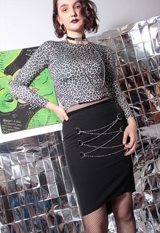 90S Y2K GOTHIC HARNESS CORSET CHAIN BLACK ASYMMETRIC SKIRT