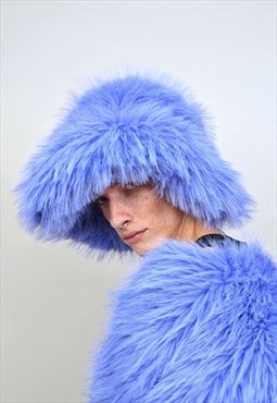 Oversize faux fur bucket blue big fuzzy cap festival bolero