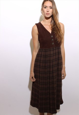 VINTAGE 1990'S 90'S BROWN CORDS & PLAID JUMPER DRESS S-M