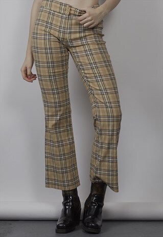 VINTAGE 90'S BEIGE CHECKED FLARED TROUSERS