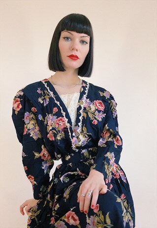 80S VINTAGE NAVY BLUE FLORAL LACE MIDI DRESS