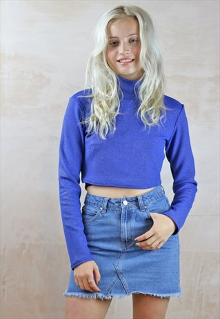 BLUE N GOLD TEXTURED CROP TURTLE NECK TOP