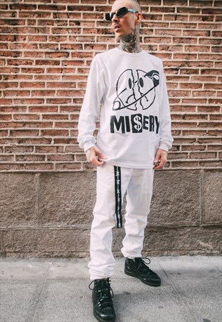 SAD SMILEY SAFETY PIN PUNK PRINT LONG SLEEVE TSHIRT IN WHITE