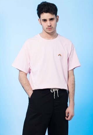 T-SHIRT LIGHT PINK RAINBOW EMBROIDERED MENS
