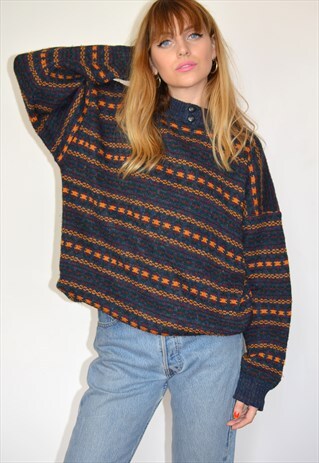 VINTAGE 70S NAVY PATTERN FAIRISLE KNITTED GRANDAD JUMPER