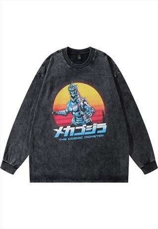 Godzilla t-shirt dinosaur robot long tee retro top grey