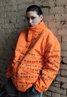 Oversize graffiti bomber letter print puffer jacket orange