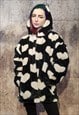 HEART FLEECE JACKET LOVE EMOJI FLUFFY BOMBER IN BLACK CREAM