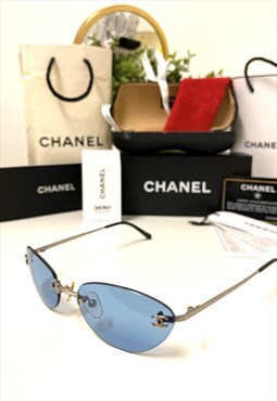 Vintage Y2K Chanel CC 4003 Rimless Blue Tint Sunglasses 