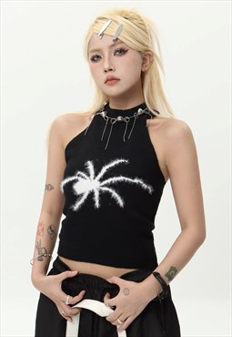 Spider patch crop top fluff jumper knitted tank top in black