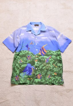 Vintage 90s Blue Fish Print Shirt 