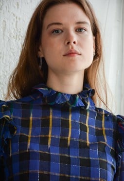 Vintage Bohemian 70's Blue Checked Thin Cotton Blouse