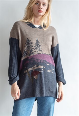 VINTAGE FUNKY 80S GRAMMAS JUMPER WITH FOREST PATTERN