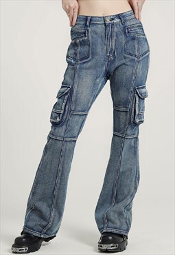 Boot cut jeans flap with belt pocket denim cargo pants blue