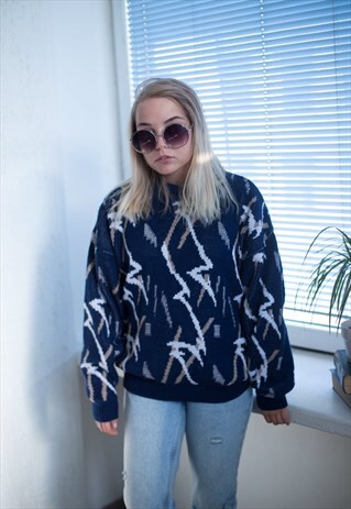 VINTAGE 90'S BLUE PATTERNED KNITTED JUMPER