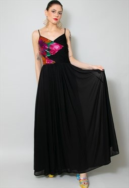 Hoffman 70's Vintage Black Evening Dress Sequin Slip Maxi 
