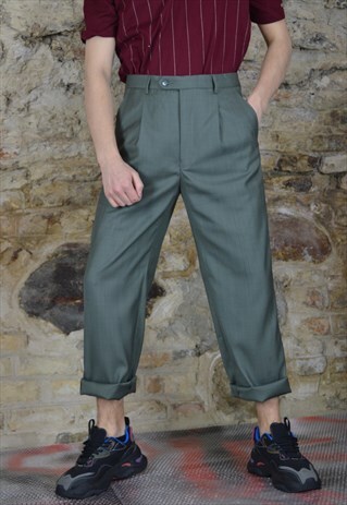 VINTAGE GREEN CLASSIC STRAIGHT SUIT TROUSERS