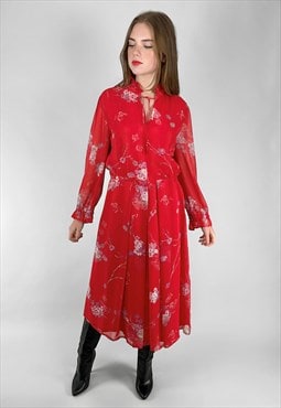 Vintage 70's Red Long Sleeve Floral Sheer Midi Dress