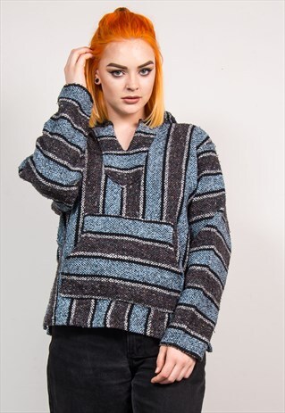 90'S VINTAGE GRUNGE BLUE STRIPED FESTIVAL BAJA HOODIE