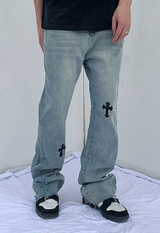 Blue Crosses embroidered Denim jeans pants trousers unisex