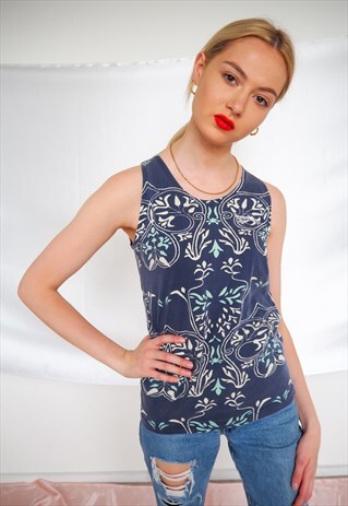VINTAGE BLUE REEBOK PATTERNED SLEEVELESS T-SHIRT