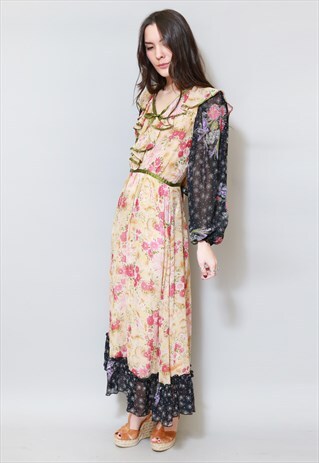 VINTAGE 1970'S CREPE FLORAL PRINT RUFFLED MAXI DRESS