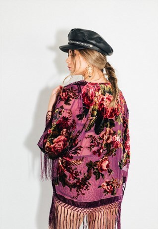 BURNOUT VELVET FESTIVAL KIMONO JACKET WITH FRINGING