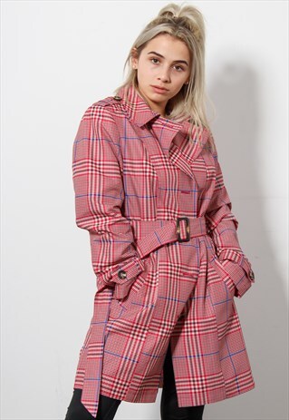 VINTAGE CHECK TRENCH COAT JACKET IN M/L RED