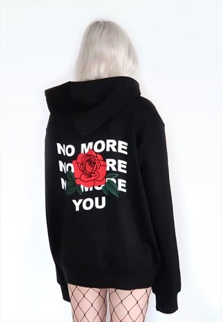 NO MORE YOU BLACK HOODIE WITH RED ROSE PRINT